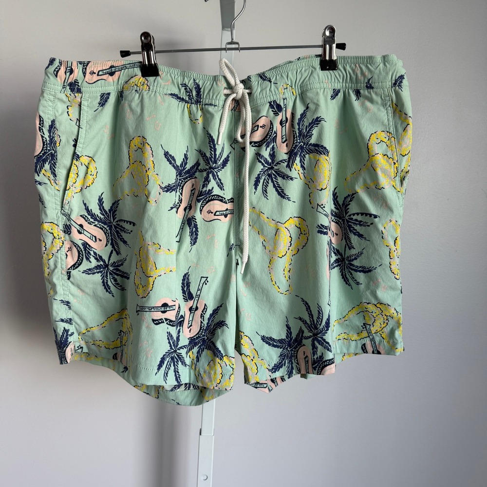 J Crew sz XL Mens Mint Green Tropical Ukulele Palm Tree Swim Trunks Vacation